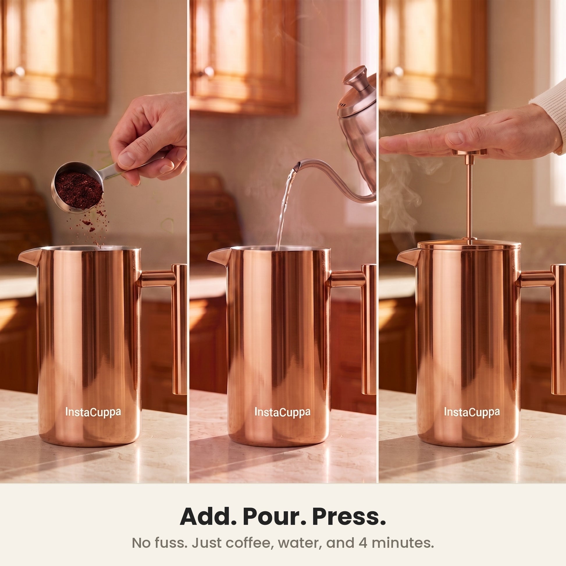 InstaCuppa Stainless Steel French Press 1000 ml - Copper - copper, add coffee, pour water, press