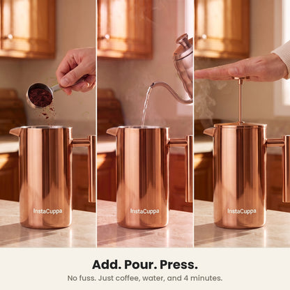 InstaCuppa Stainless Steel French Press 1000 ml - Copper - copper, add coffee, pour water, press