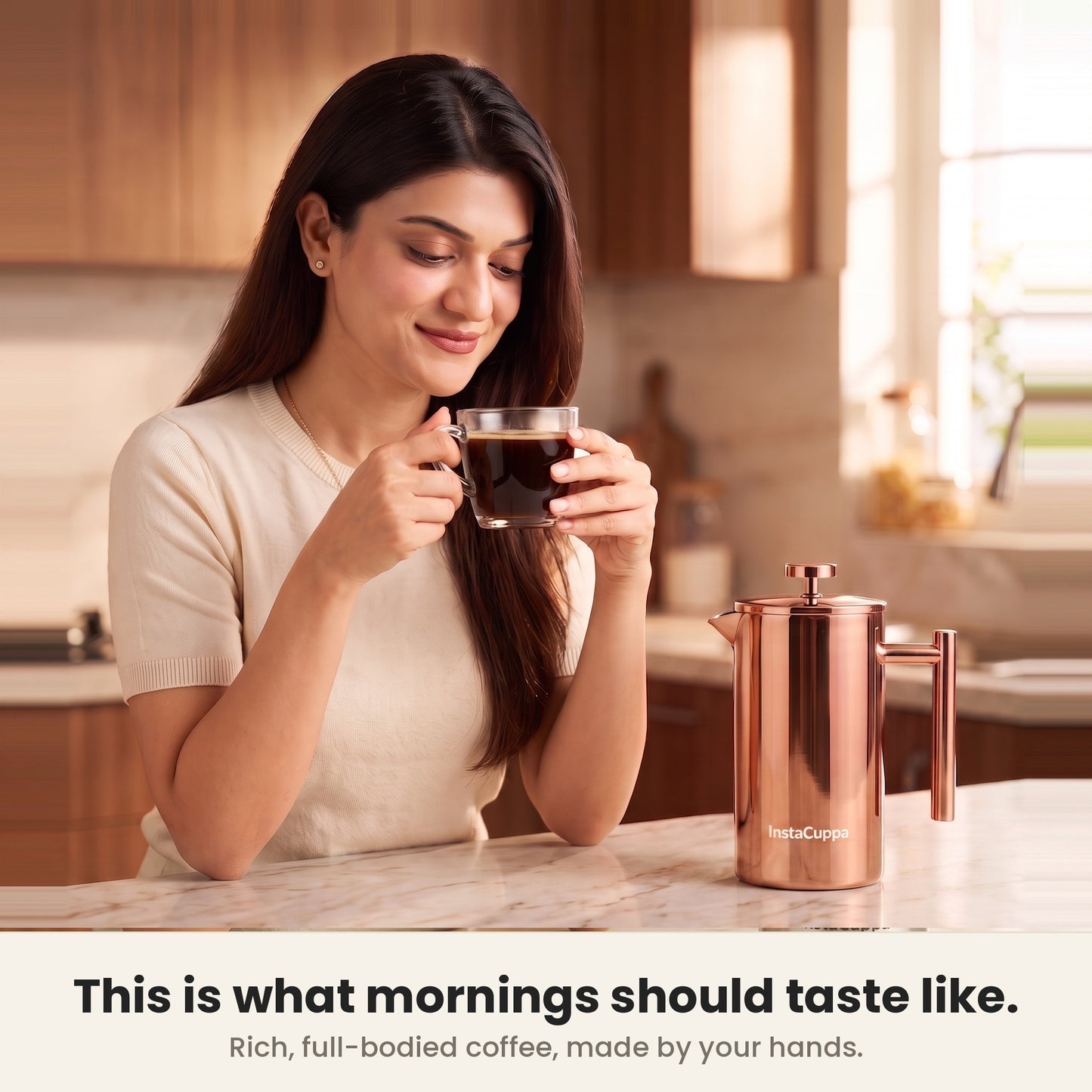 InstaCuppa Stainless Steel French Press 1000 ml - Copper - copper, cafe-quality coffee at home