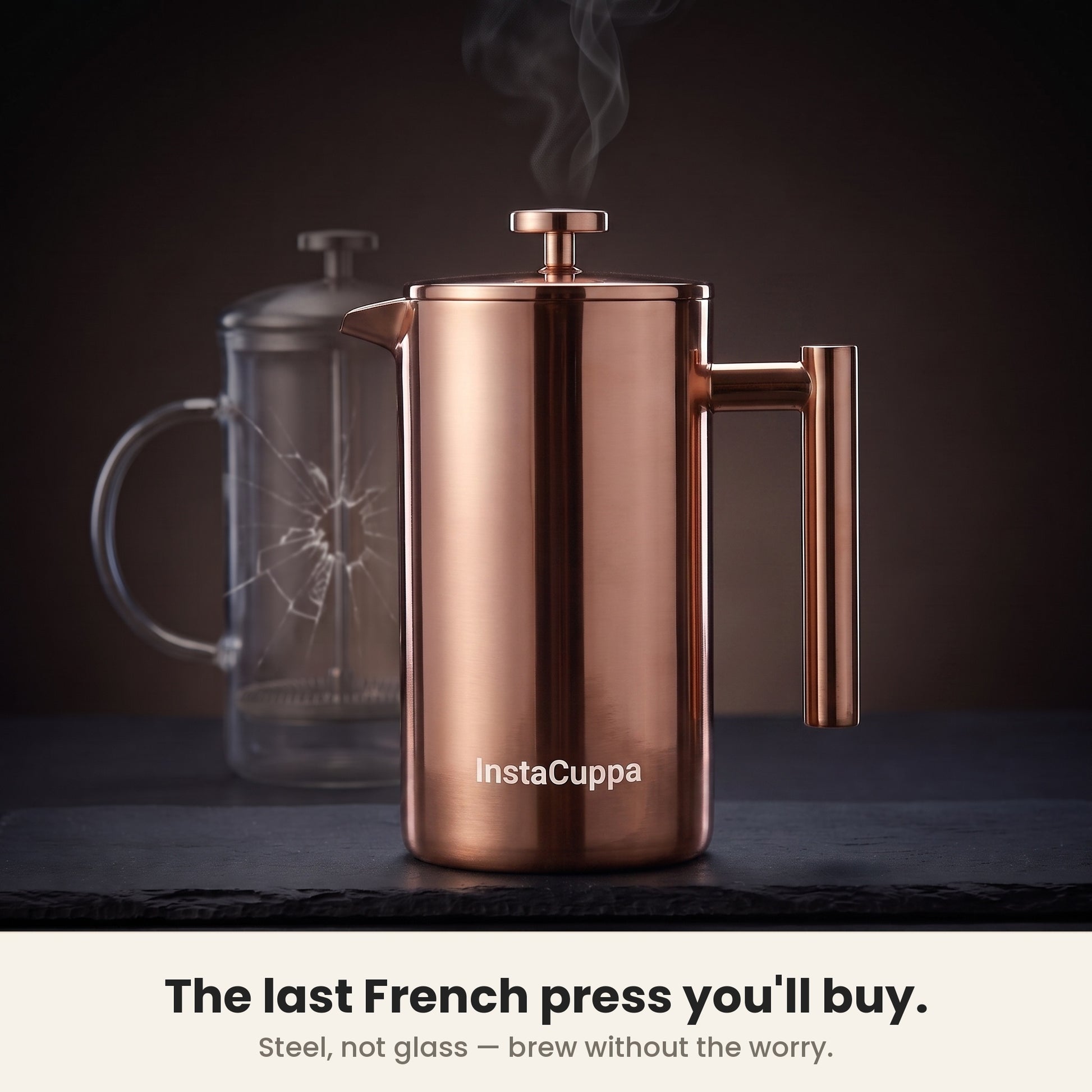 InstaCuppa Stainless Steel French Press 1000 ml - Copper - copper, solid steel, won't shatter like glass