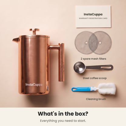 InstaCuppa Stainless Steel French Press 1000 ml - Copper - copper, box: 2 spare filters, scoop, cleaning brush