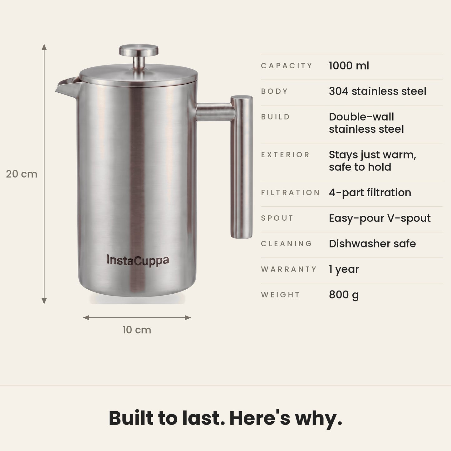 InstaCuppa Stainless Steel French Press 1000 ml - Classic - double-wall 304 steel, 1000 ml, 4-part filtration specs