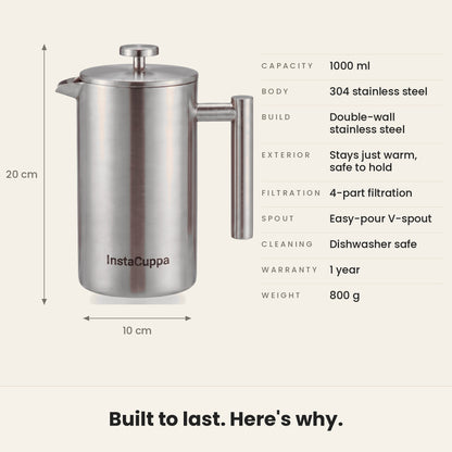 InstaCuppa Stainless Steel French Press 1000 ml - Classic - double-wall 304 steel, 1000 ml, 4-part filtration specs