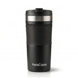 InstaCuppa French Press Travel Mug, Stainless Steel Double Walled Vacuum Insulated Thermos for Hot or Cold Coffee, Tea, Spill Proof