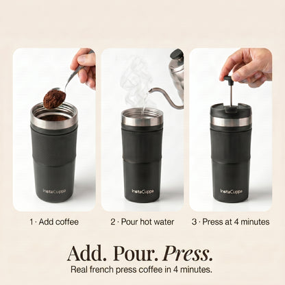 InstaCuppa - How to Use Travel French Press - Add Coffee, Pour Hot Water, Press at 4 Minutes