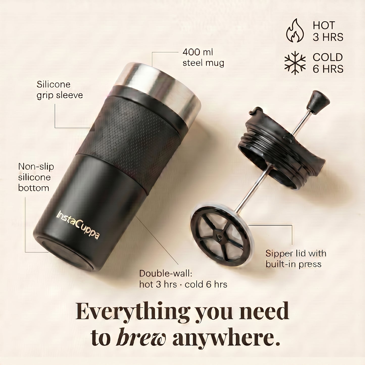 InstaCuppa - Travel French Press Parts - 400 ml Steel Mug and Sipper Lid with Built-in Press Plunger