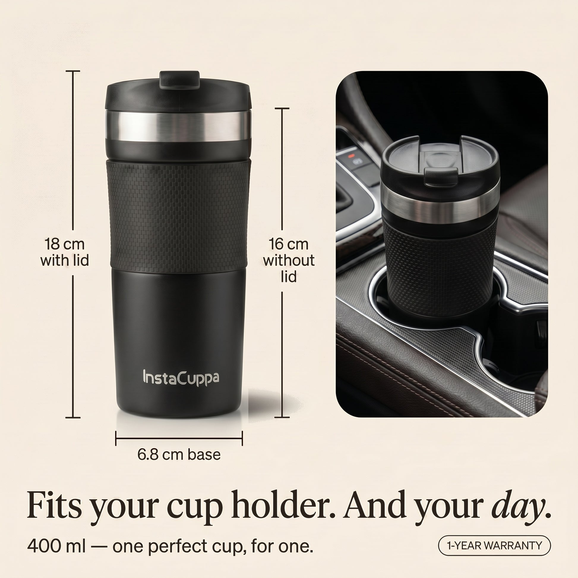 InstaCuppa - Travel Coffee Mug Size 18 cm x 6.8 cm Fits Car Cup Holder - 1 Year Warranty