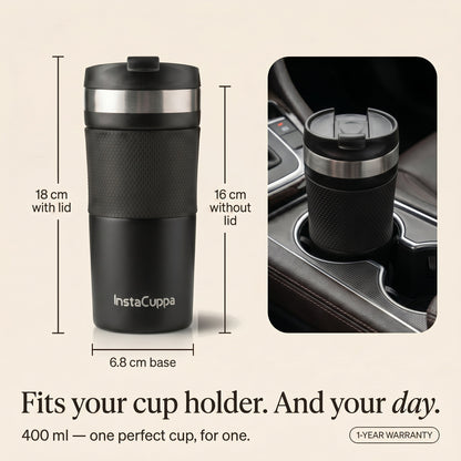 InstaCuppa - Travel Coffee Mug Size 18 cm x 6.8 cm Fits Car Cup Holder - 1 Year Warranty