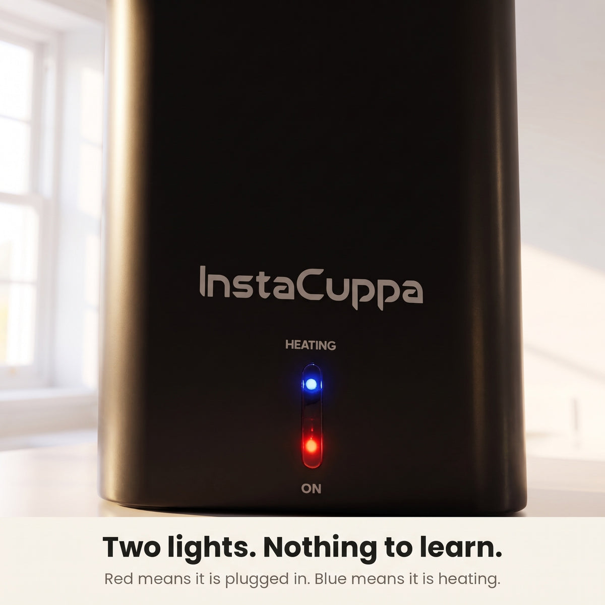 InstaCuppa Portable Electric Kettle 500 ml - Black - indicator lights, red for plugged in, blue for heating