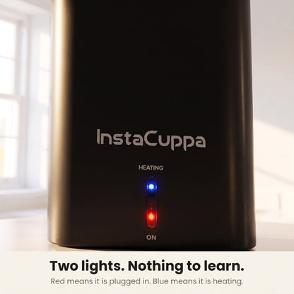 InstaCuppa Portable Electric Kettle 500 ml - Black - indicator lights, red for plugged in, blue for heating