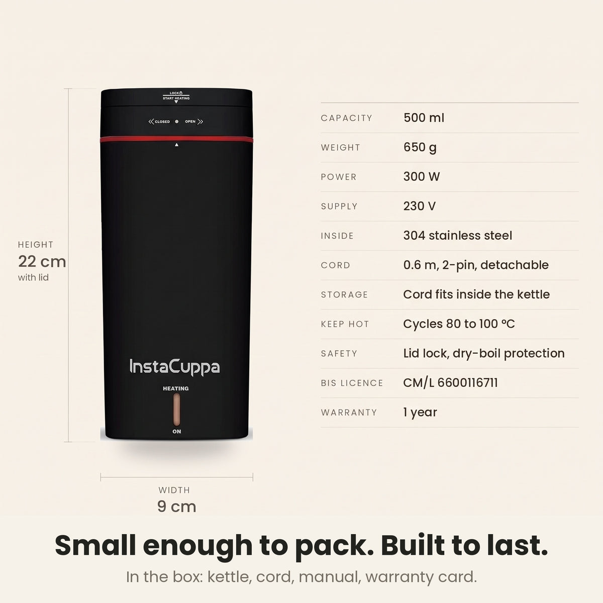 InstaCuppa Portable Electric Kettle 500 ml - Black - specifications 500 ml 300 W 230 V 650 g 22 cm