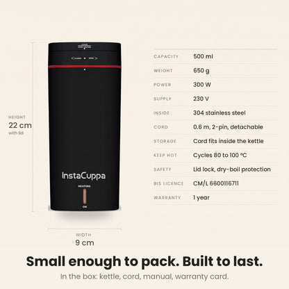 InstaCuppa Portable Electric Kettle 500 ml - Black - specifications 500 ml 300 W 230 V 650 g 22 cm