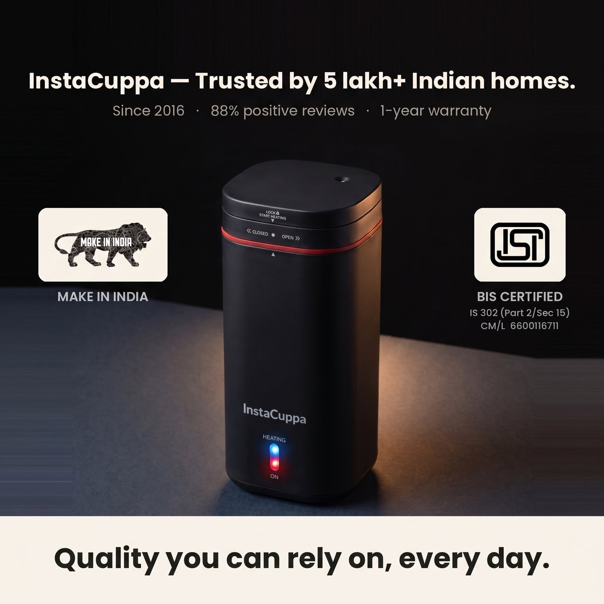 InstaCuppa Portable Electric Kettle 500 ml - Black - trusted by 5 lakh homes, BIS certified