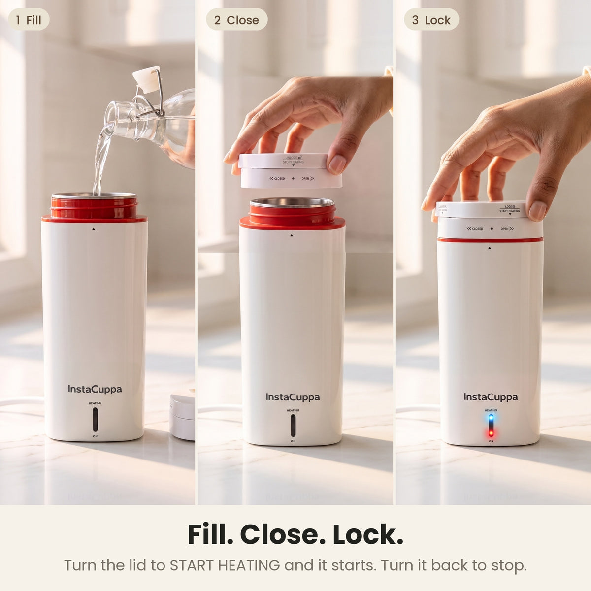 InstaCuppa Portable Electric Kettle 500 ml - White - how to use, fill, close and lock the lid