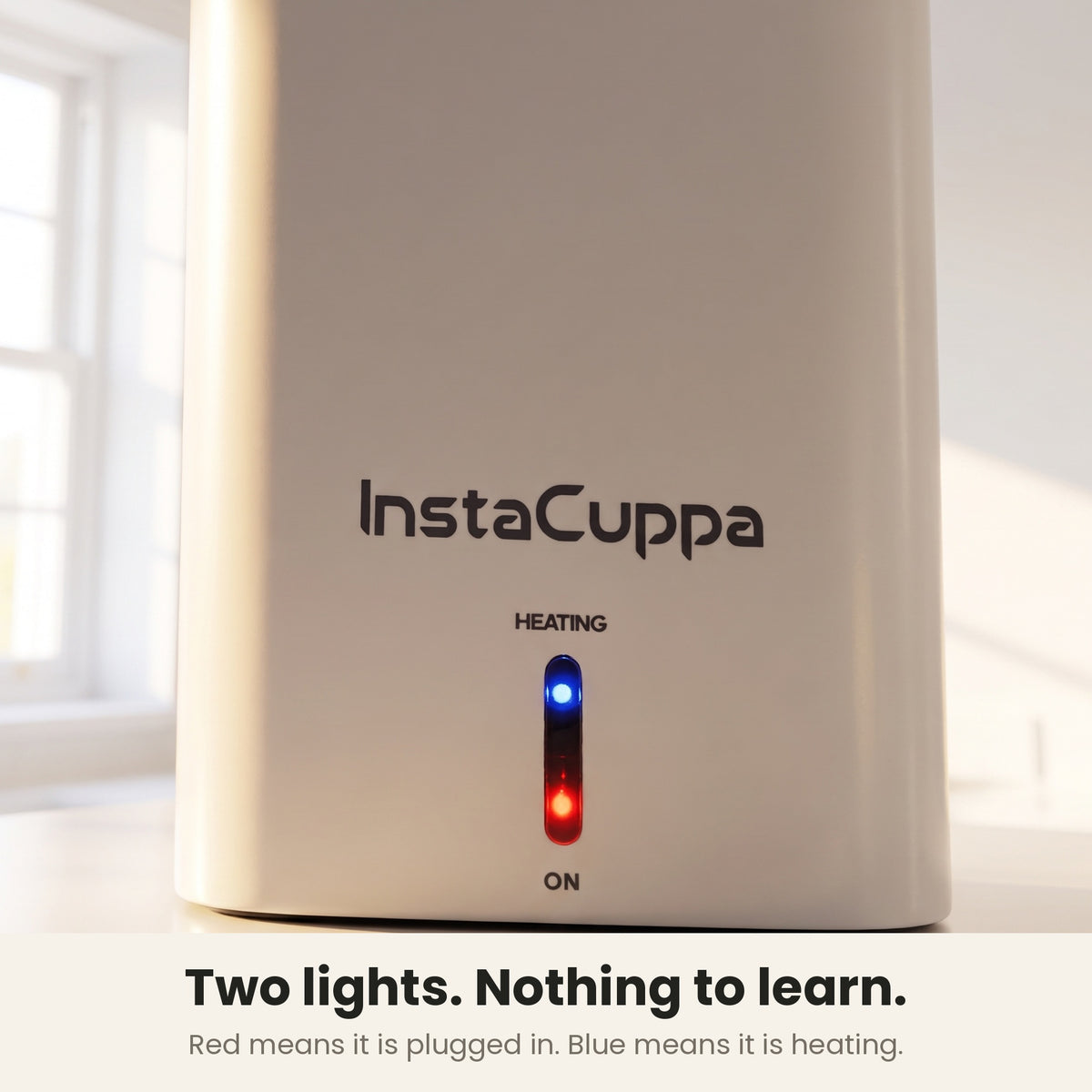 InstaCuppa Portable Electric Kettle 500 ml - White - indicator lights, red for plugged in, blue for heating