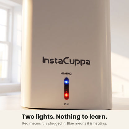 InstaCuppa Portable Electric Kettle 500 ml - White - indicator lights, red for plugged in, blue for heating