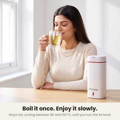 InstaCuppa Portable Electric Kettle 500 ml - White - woman enjoying green tea at a desk