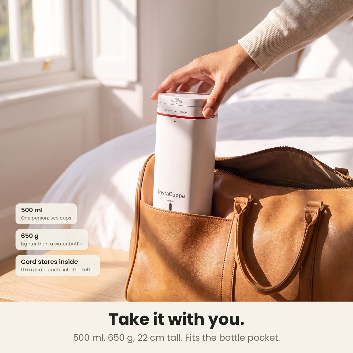 InstaCuppa Portable Electric Kettle 500 ml - White - packed upright in the bottle pocket of a travel bag