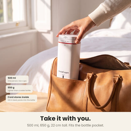 InstaCuppa Portable Electric Kettle 500 ml - White - packed upright in the bottle pocket of a travel bag