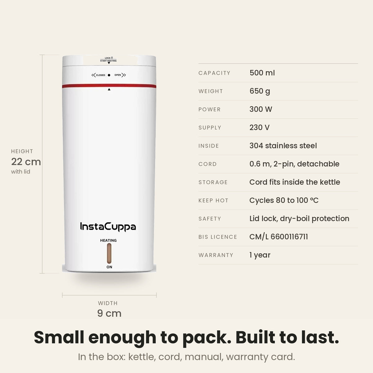 InstaCuppa Portable Electric Kettle 500 ml - White - specifications 500 ml 300 W 230 V 650 g 22 cm