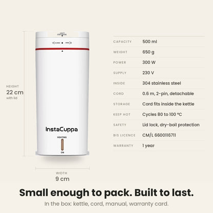 InstaCuppa Portable Electric Kettle 500 ml - White - specifications 500 ml 300 W 230 V 650 g 22 cm