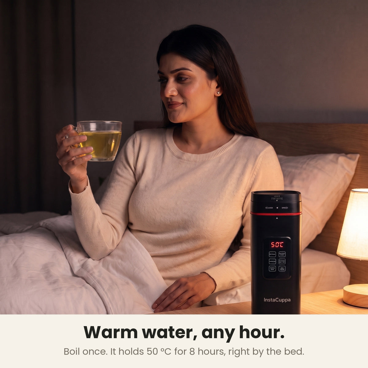 InstaCuppa Portable Electric Kettle 500 ml with Temperature Control - Black - warm water any hour, herbal tea by the bed, holds 50 °C for 8 hours