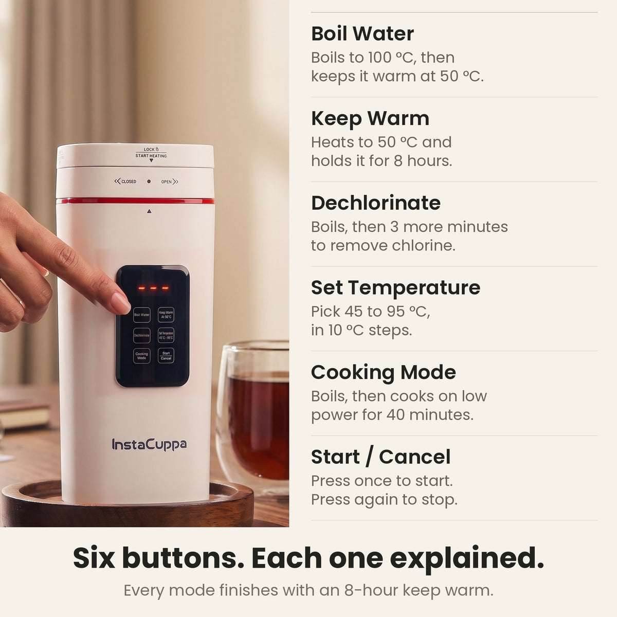 InstaCuppa Portable Electric Kettle 500 ml with Temperature Control - White - six touch buttons explained