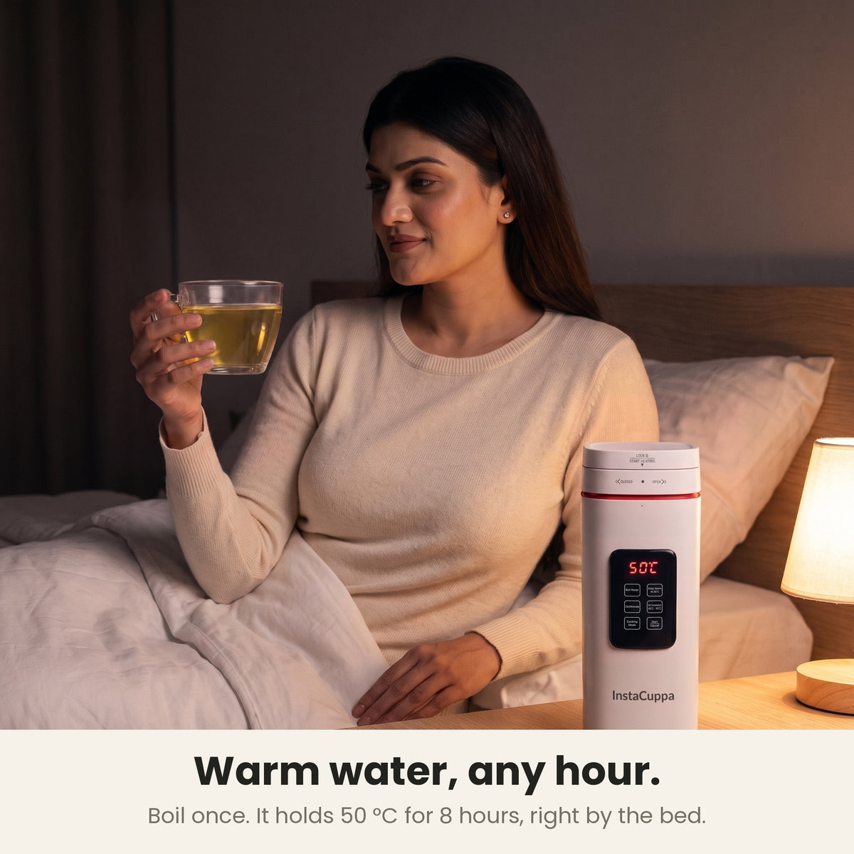 InstaCuppa Portable Electric Kettle 500 ml with Temperature Control - White - warm water any hour, herbal tea by the bed, holds 50 °C for 8 hours