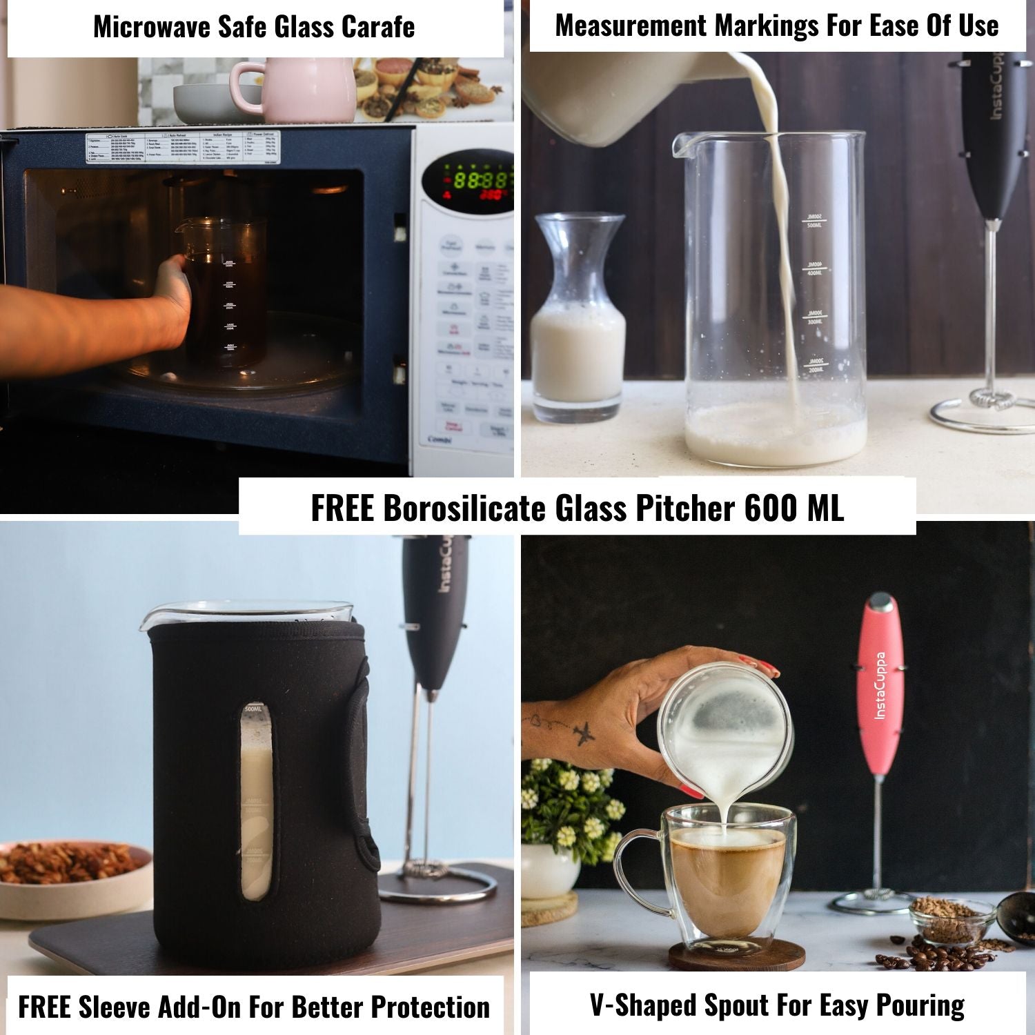 BPA Free Glass Pitcher with InstaCuppa Milk Frother