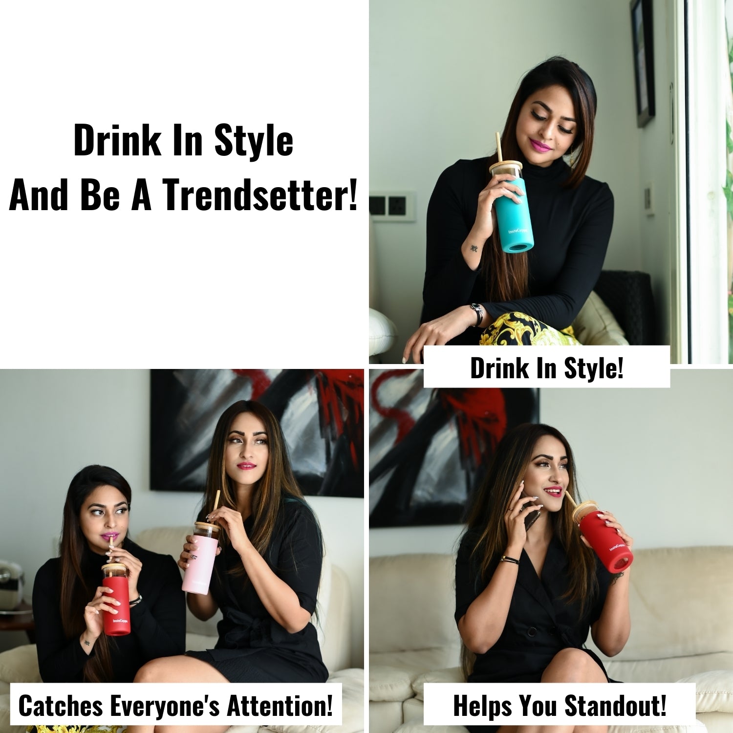 InstaCuppa Borosilicate Glass Tumbler with 2 Unique Straws and Bamboo Lid, Removable Silicone Protective Sleeve