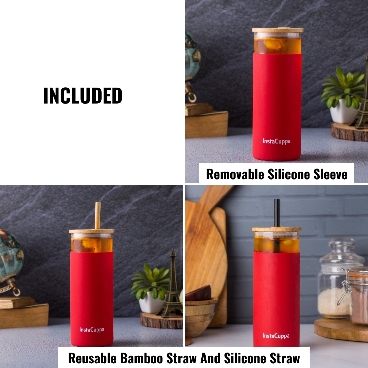 InstaCuppa Borosilicate Glass Tumbler with 2 Unique Straws and Bamboo Lid, Removable Silicone Protective Sleeve
