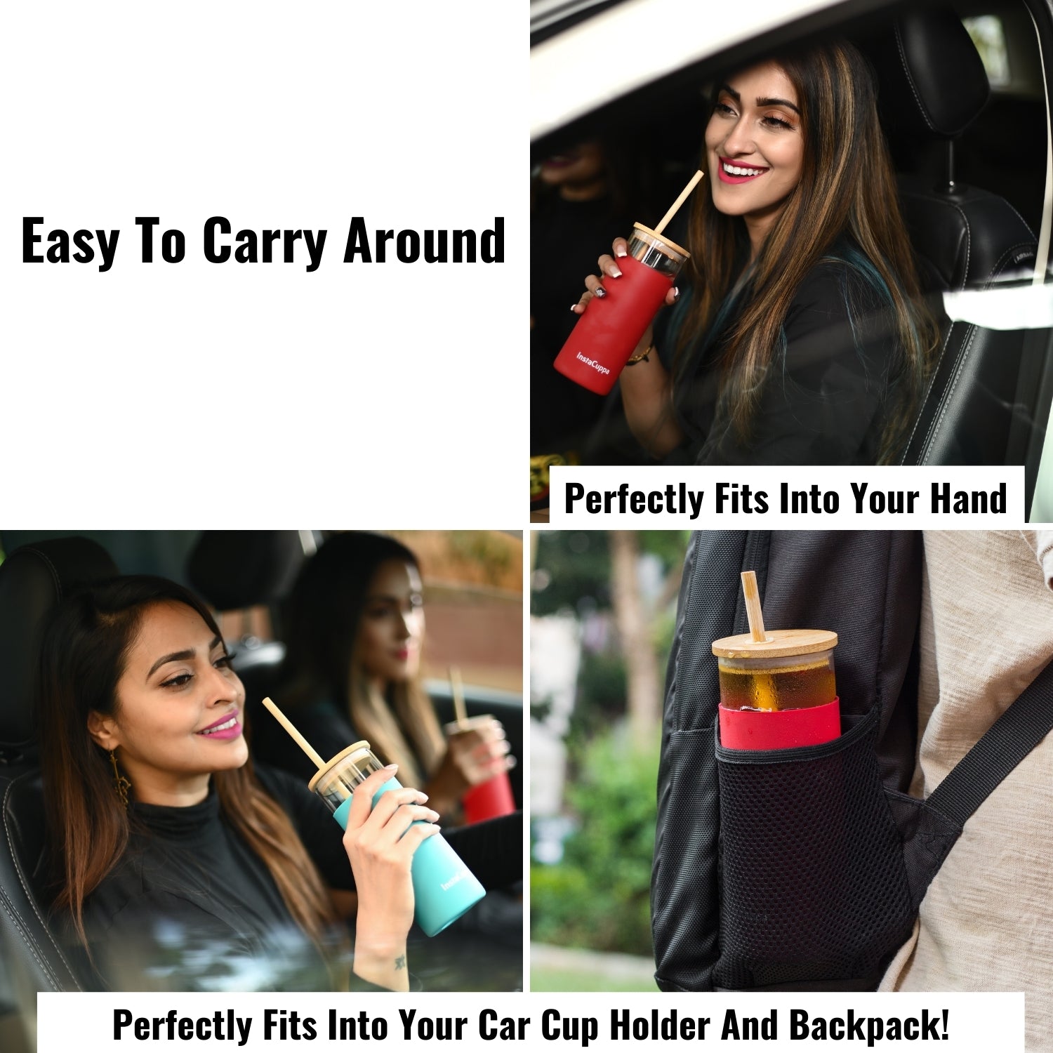 InstaCuppa Borosilicate Glass Tumbler with 2 Unique Straws and Bamboo Lid, Removable Silicone Protective Sleeve