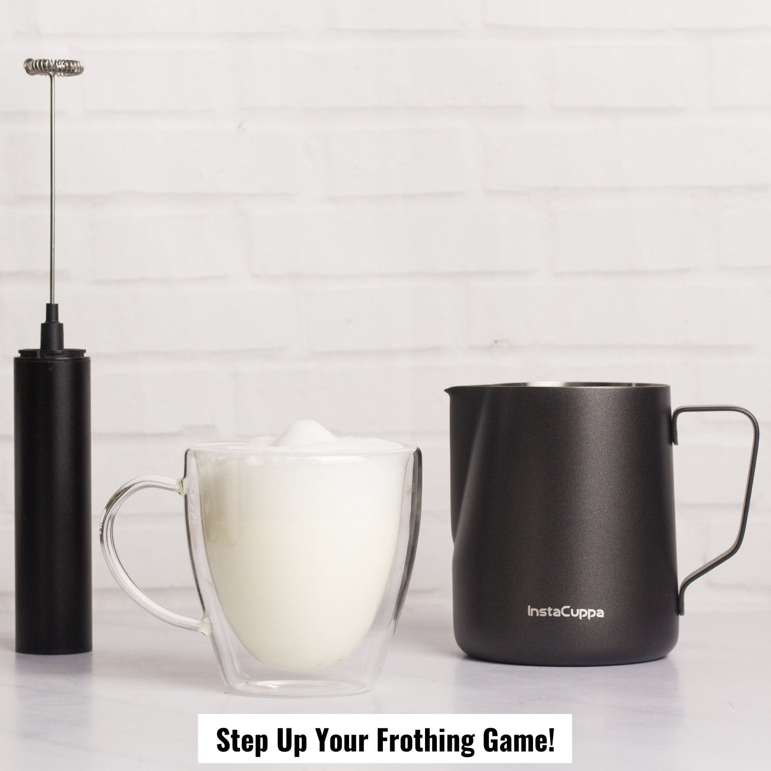 InstaCuppa Stainless Steel Milk Frothing Pitcher with Measurement Markings, Easy to Pour V-Spout, Idle for Latte Art