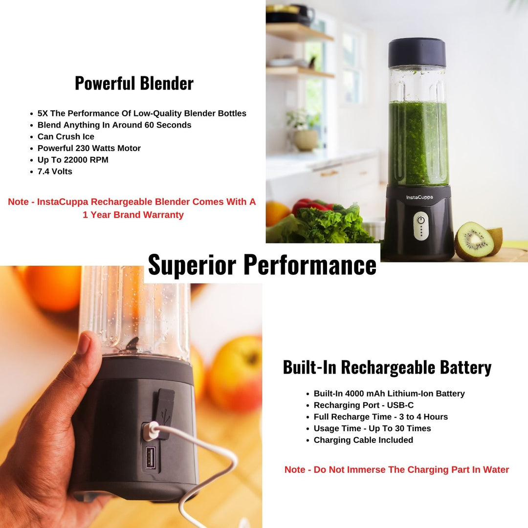 InstaCuppa Portable Blender for Smoothie, Milk Shakes, Crushing Ice and Juice, USB Rechargeable Battery with 4000 mAh 230 Watts Motor, 500 ML, built-in Jar, Black (Stainless Steel Blades)