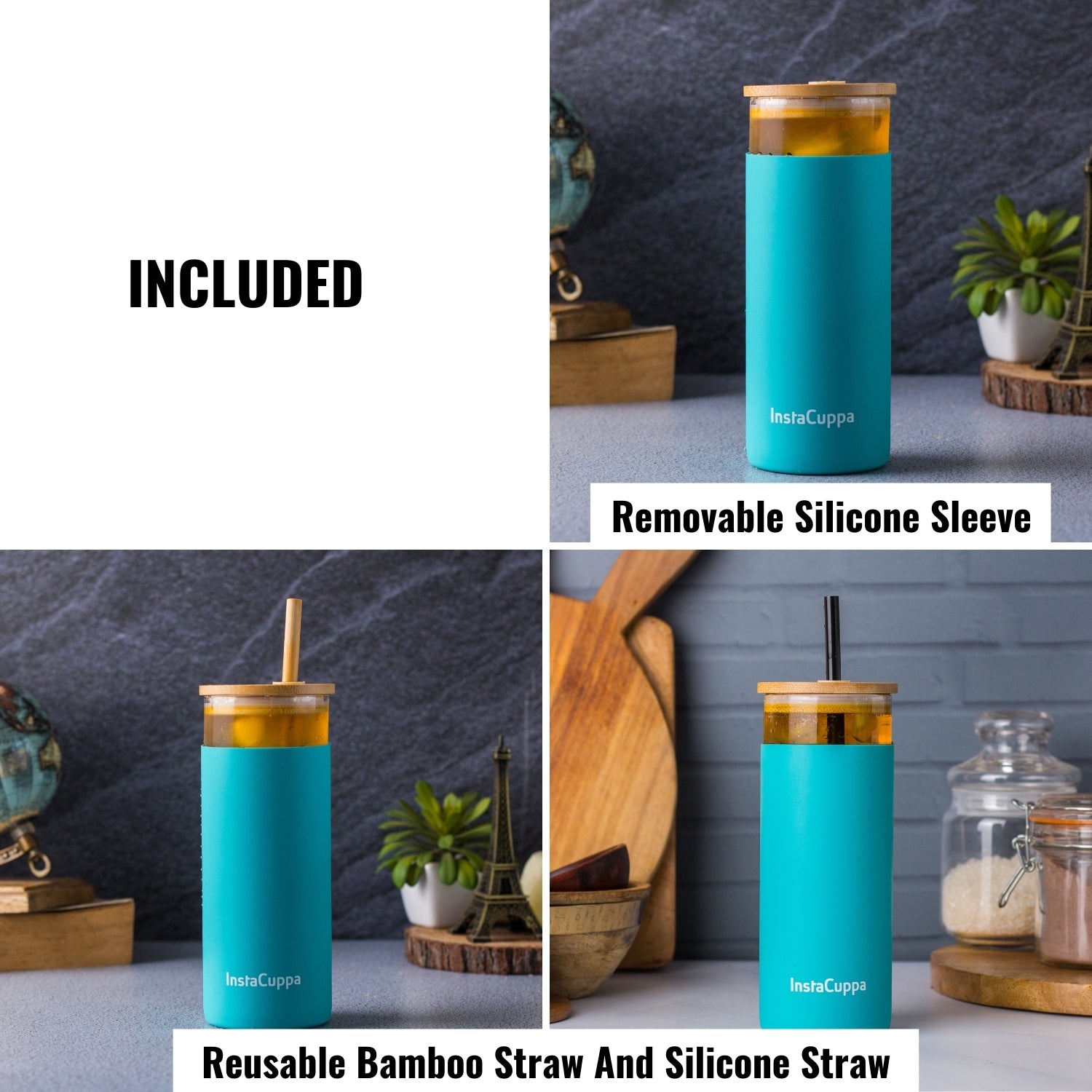 InstaCuppa Borosilicate Glass Tumbler with 2 Unique Straws and Bamboo Lid, Removable Silicone Protective Sleeve