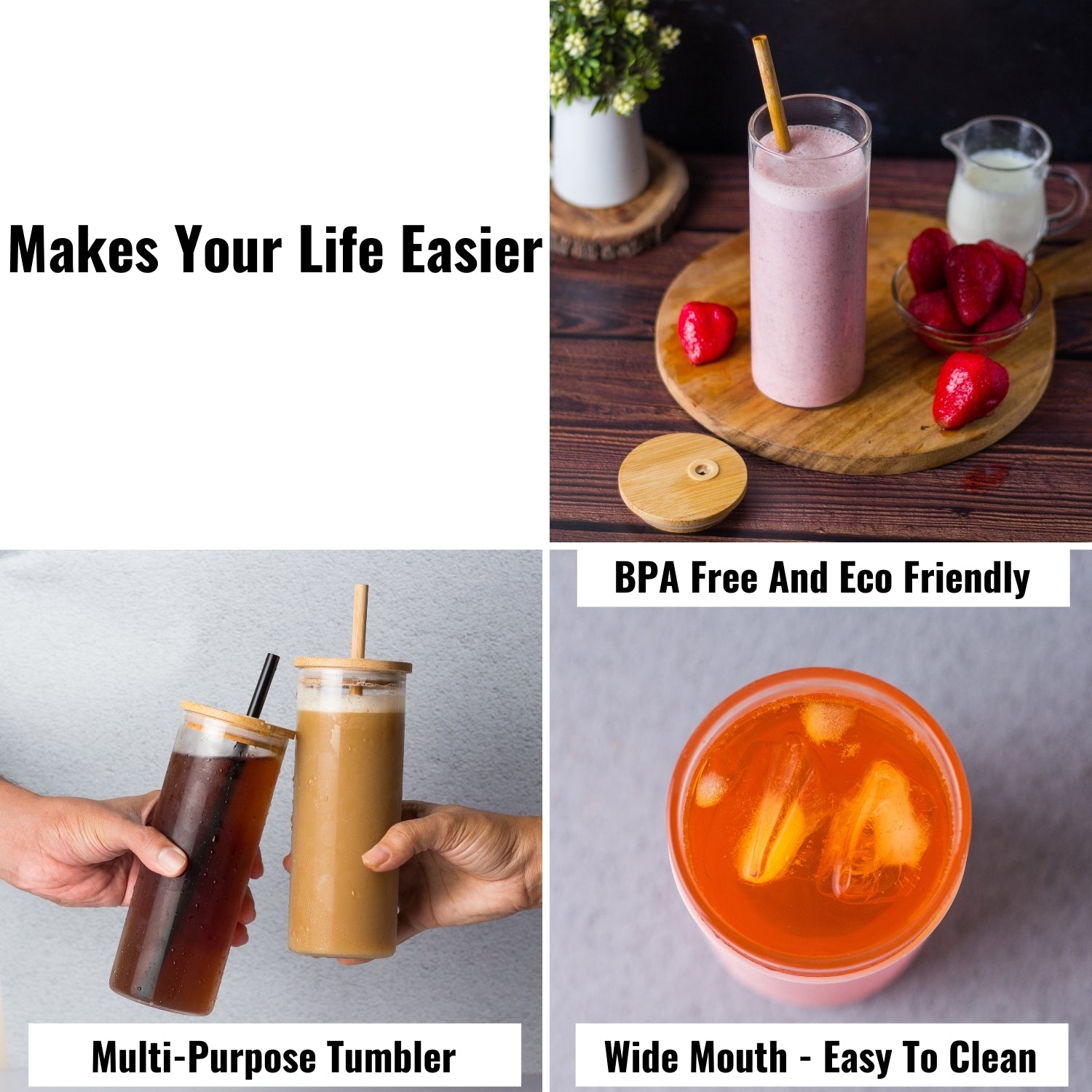 InstaCuppa Borosilicate Glass Tumbler with 2 Unique Straws and Bamboo Lid, Removable Silicone Protective Sleeve
