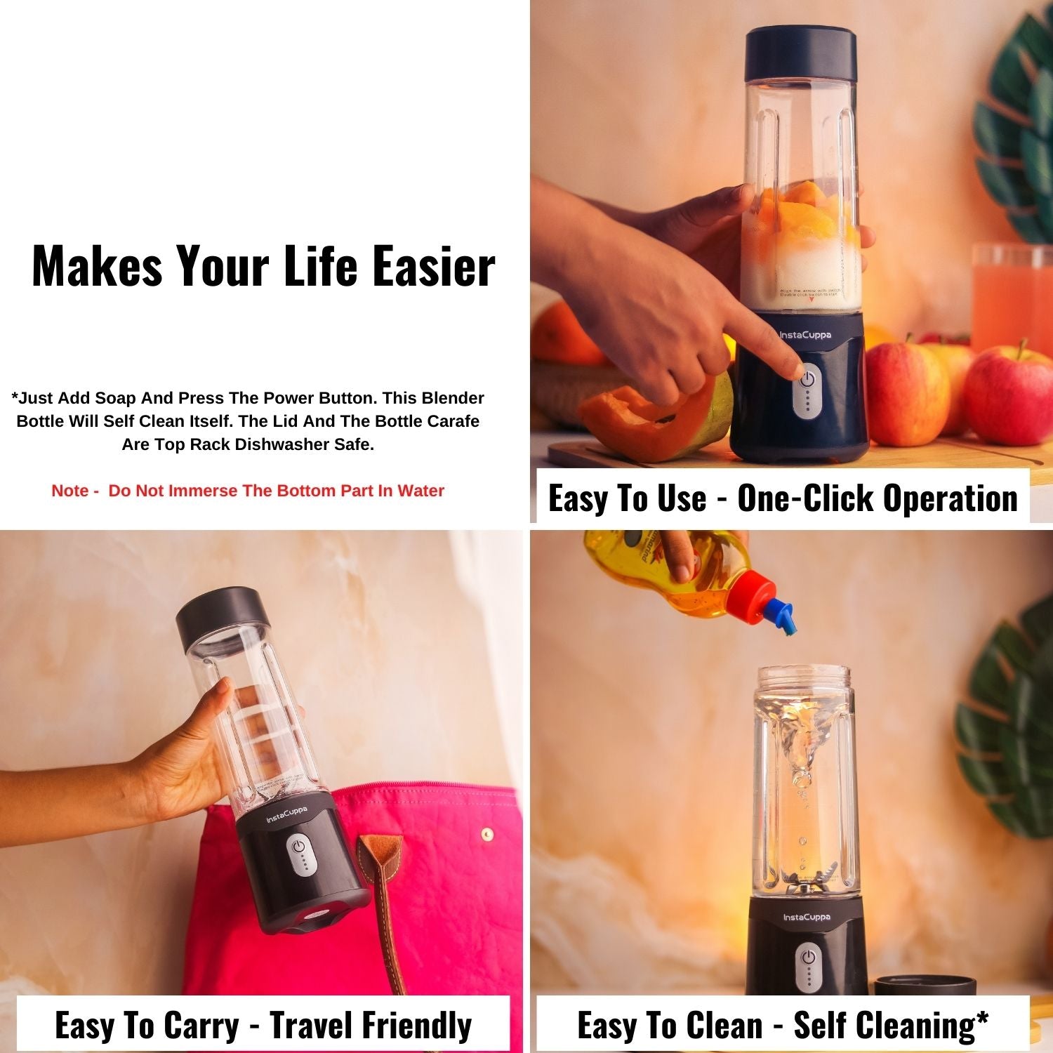 InstaCuppa Portable Blender for Smoothie and Juices, Milk Shakes, Crushing Ice, USB Rechargeable Blender Machine for Kitchen with 2000 mAh Battery, 150 W Motor, 400 ML, Built-in Jar (Normal Edition)