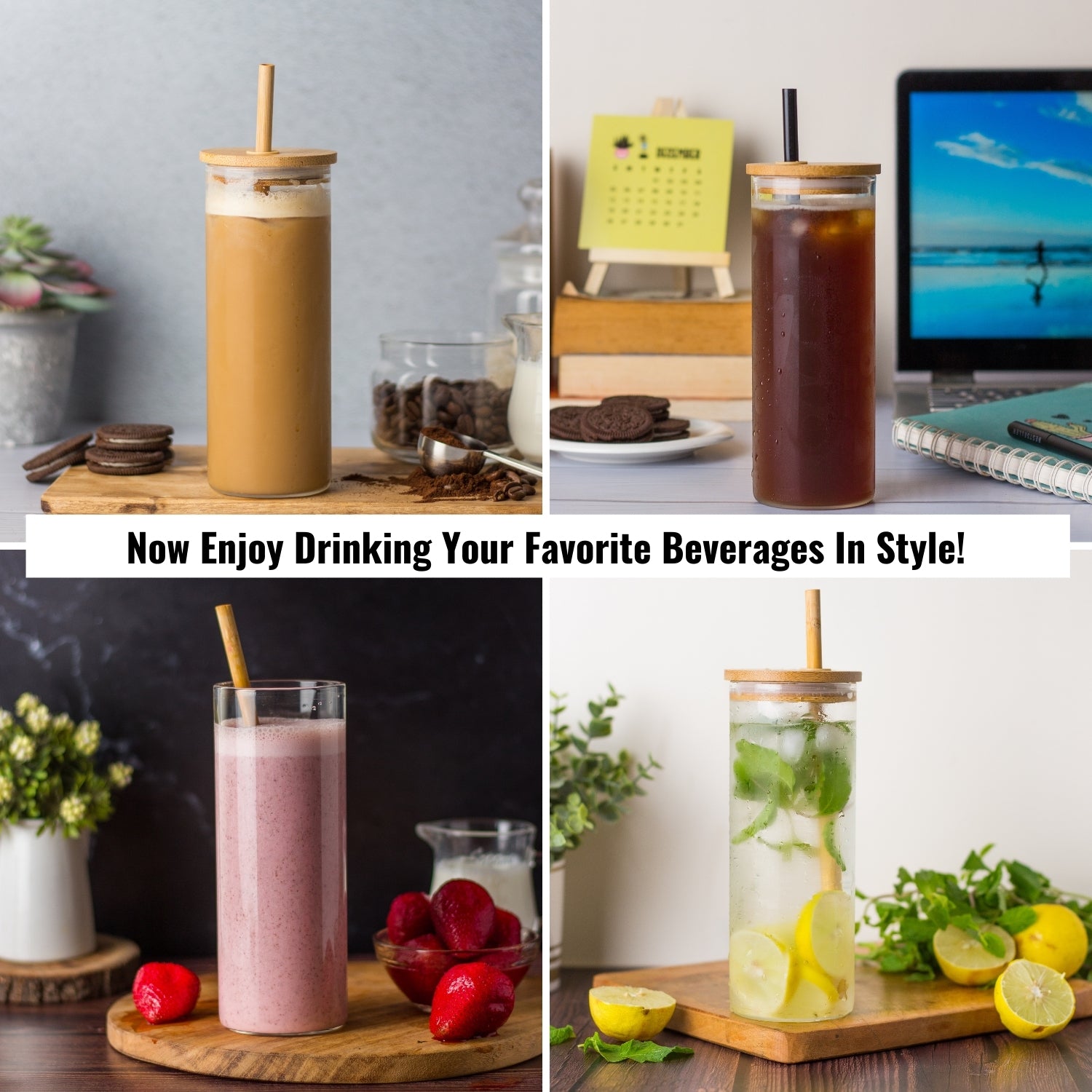 InstaCuppa Borosilicate Glass Tumbler with 2 Unique Straws and Bamboo Lid, Removable Silicone Protective Sleeve