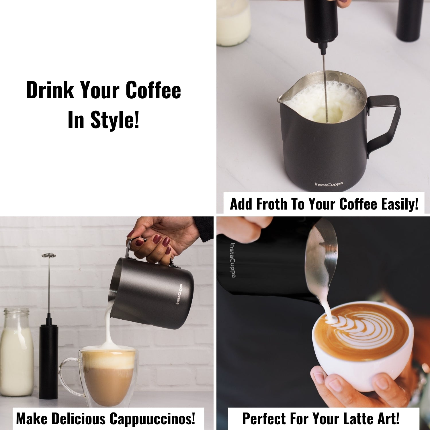 InstaCuppa Stainless Steel Milk Frothing Pitcher with Measurement Markings, Easy to Pour V-Spout, Idle for Latte Art