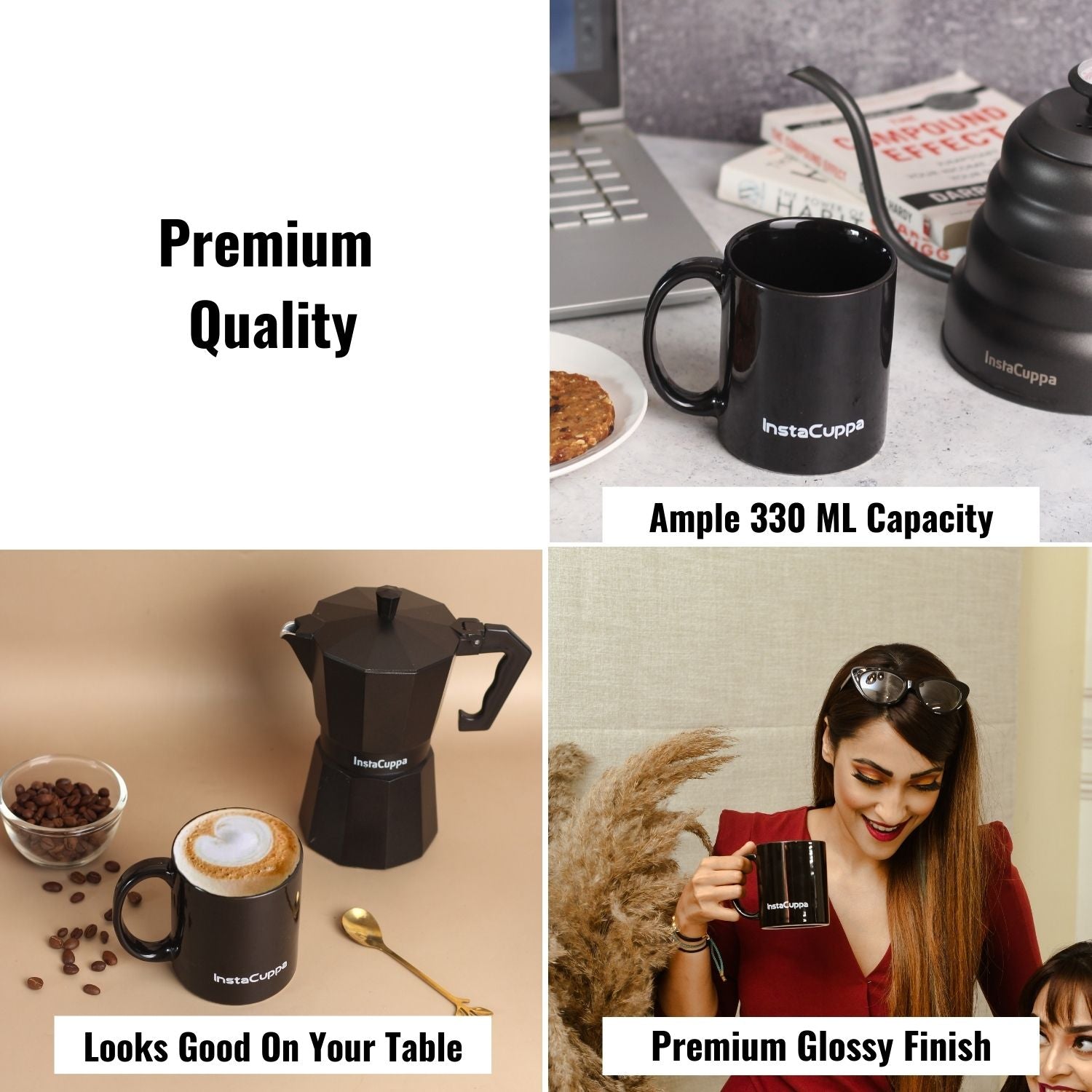 InstaCuppa Ceramic Coffee Mugs with Handle Home Kitchen Use,Business,Gift,Ceramic 350 ML , Pack of 4  , Black
