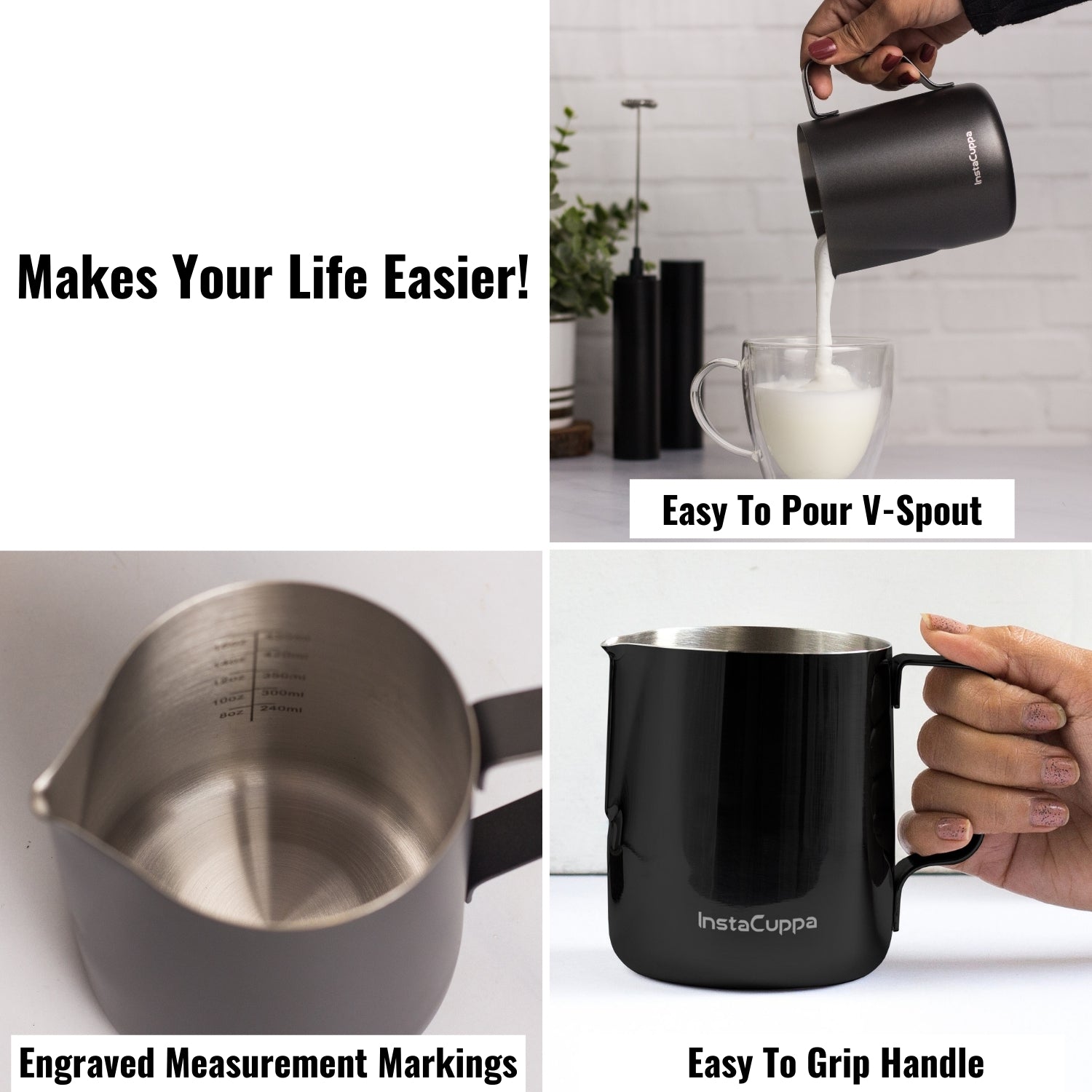 InstaCuppa Stainless Steel Milk Frothing Pitcher with Measurement Markings, Easy to Pour V-Spout, Idle for Latte Art