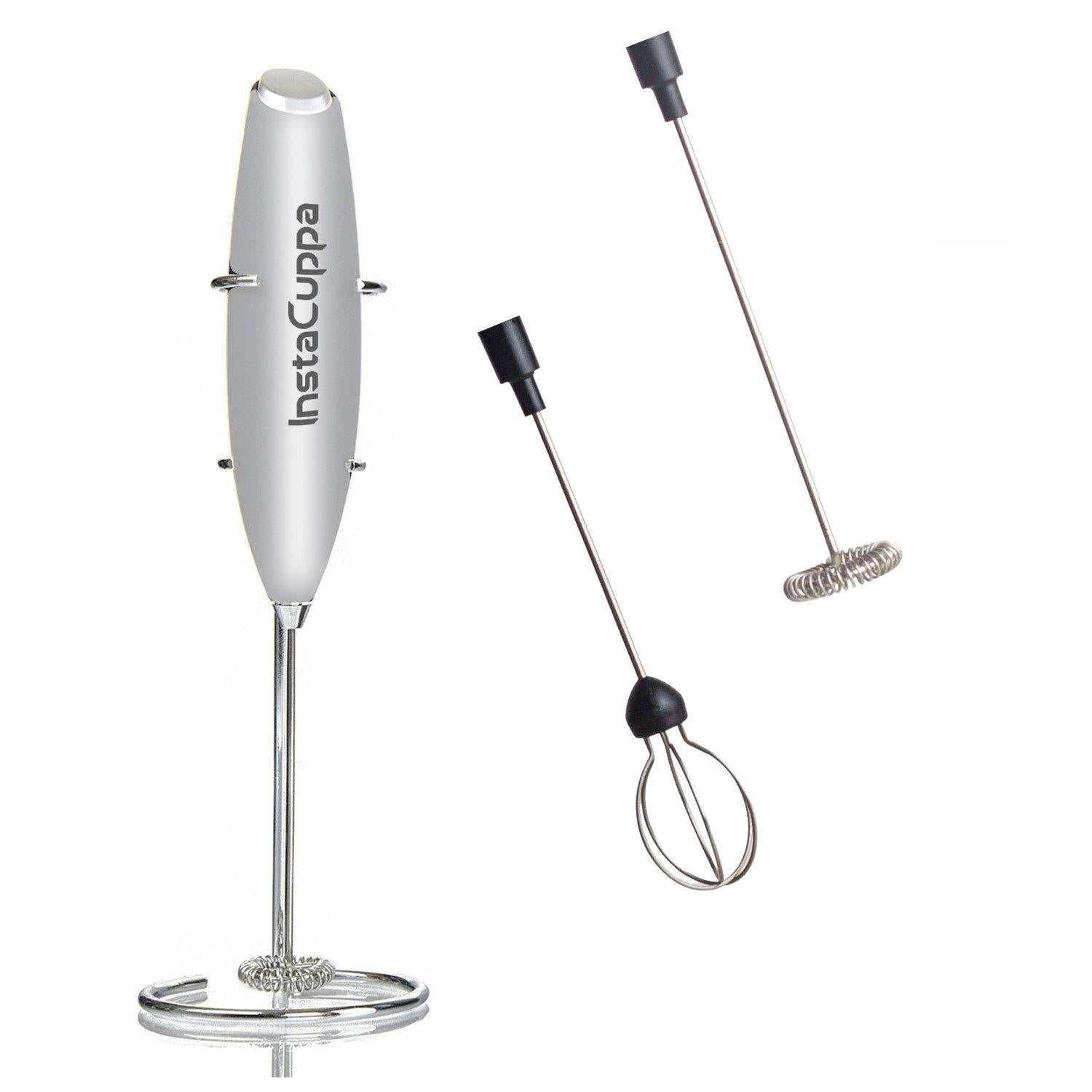 InstaCuppa Milk Frother for Coffee - Handheld Battery Operated Electric Milk and Coffee Frother, Portable Foam Maker with Stainless Steel Stand