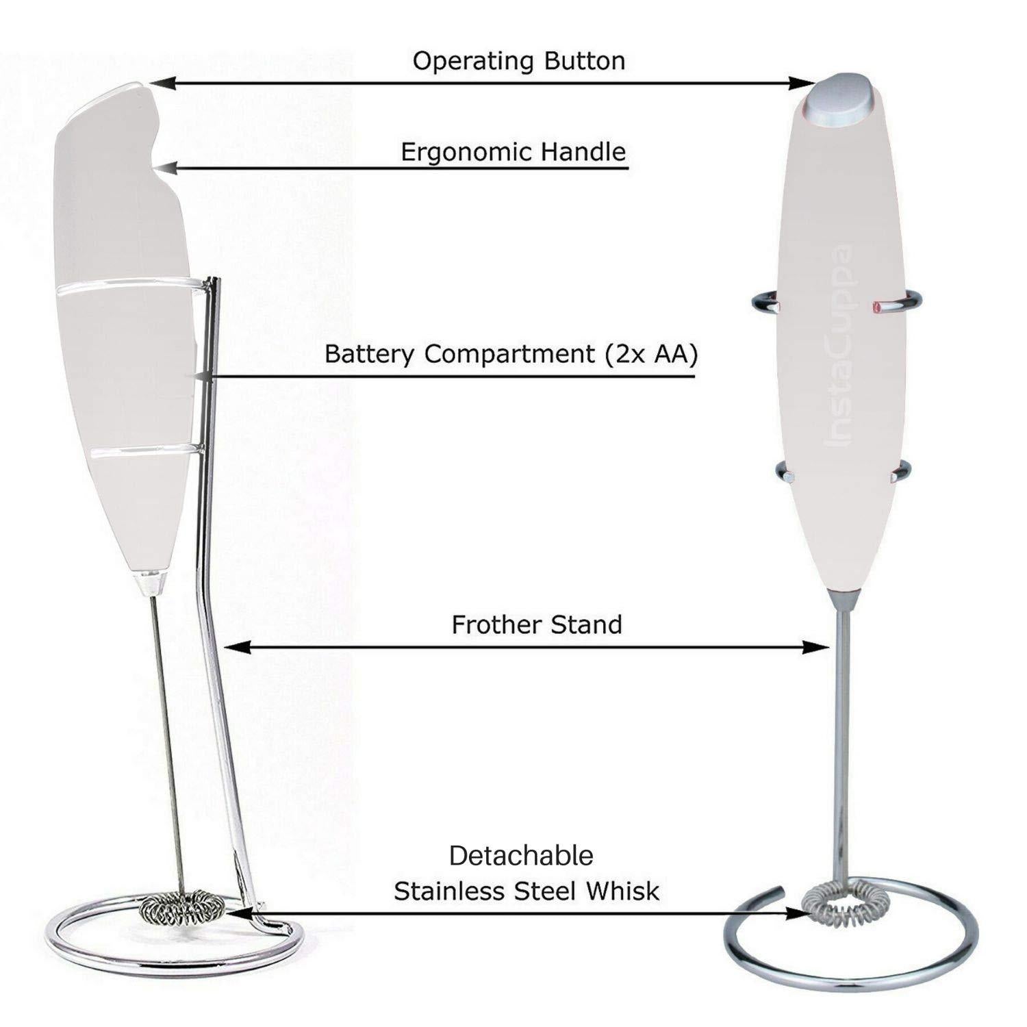 InstaCuppa Milk Frother for Coffee - Handheld Battery Operated Electric Milk and Coffee Frother, Portable Foam Maker with Stainless Steel Stand