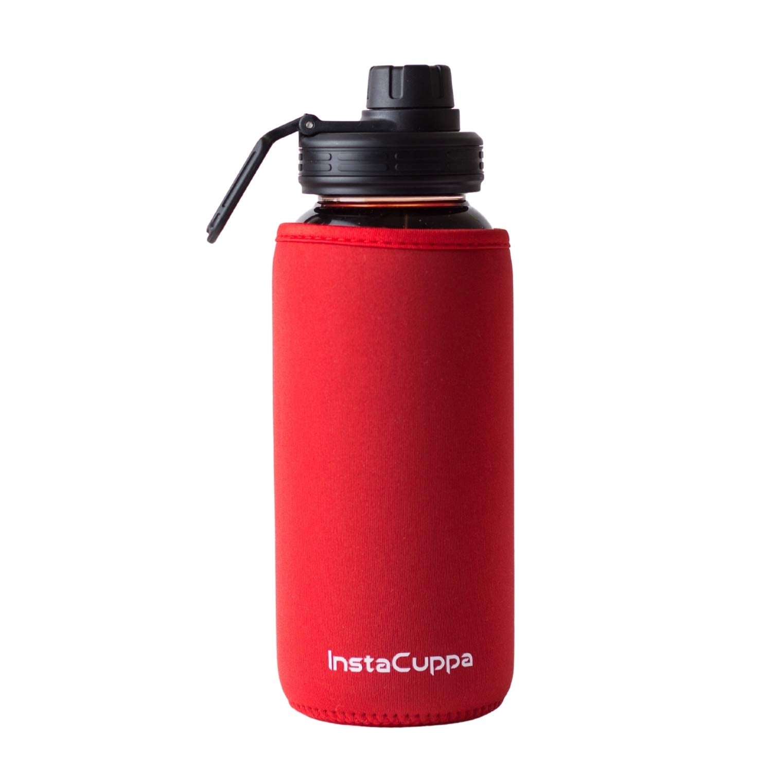 InstaCuppa Borosilicate Glass Water Bottle with Sports Sipper Lid, Innovative Time Markings, Neoprene Sleeve for Protection