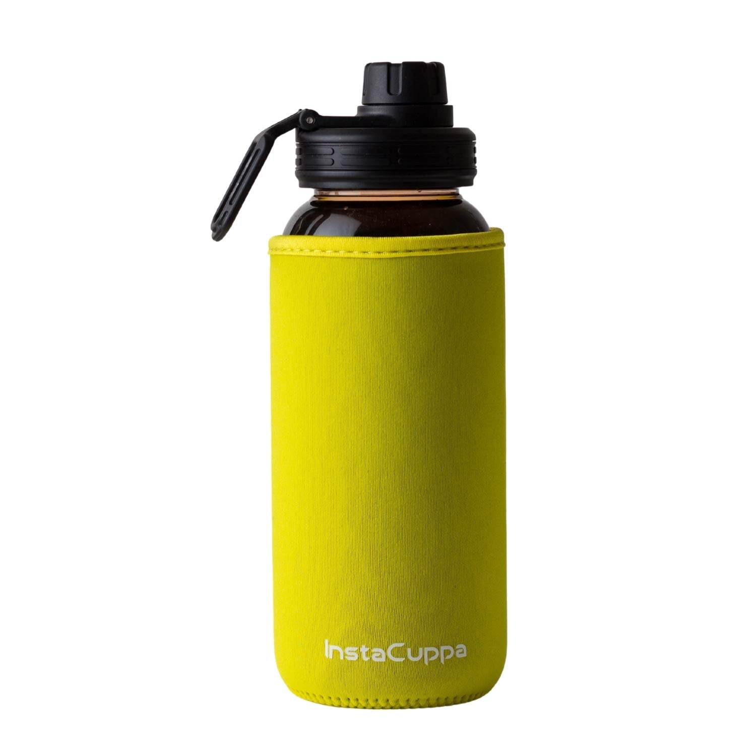 InstaCuppa Borosilicate Glass Water Bottle with Sports Sipper Lid, Innovative Time Markings, Neoprene Sleeve for Protection