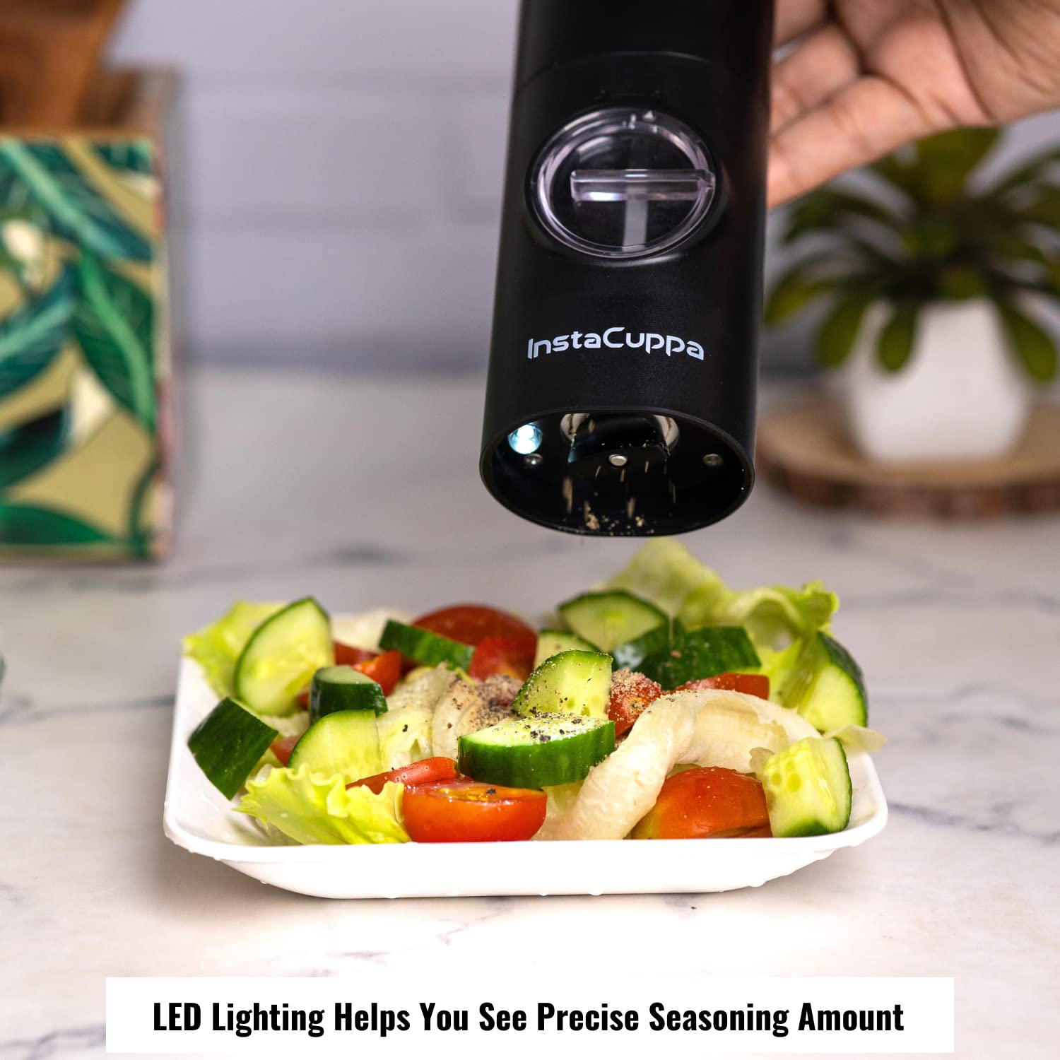 InstaCuppa Rechargeable Salt Pepper Grinder - One-Click to Trigger Grinding, Rechargeable Automatic Mill with Adjustable Coarseness - Black Peppercorns, Sea Salt Pepper Shakers