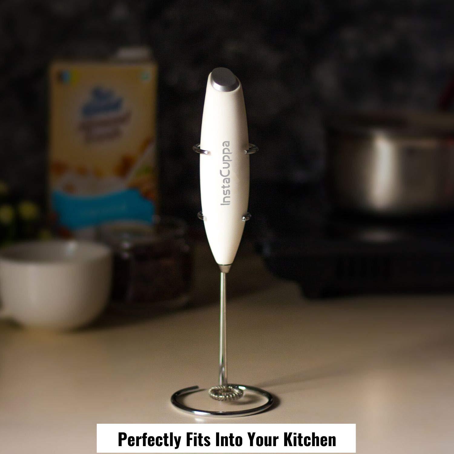 InstaCuppa Milk Frother for Coffee - Handheld Battery Operated Electric Milk and Coffee Frother, Portable Foam Maker with Stainless Steel Stand