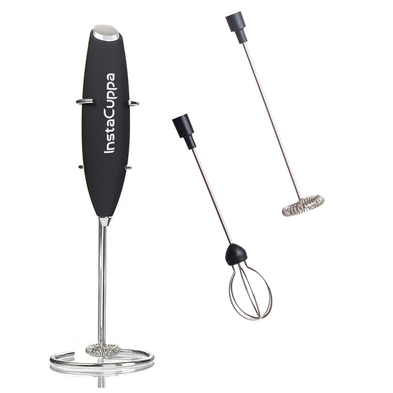 InstaCuppa Milk Frother for Coffee - Handheld Battery Operated Electric Milk and Coffee Frother, Portable Foam Maker with Stainless Steel Stand