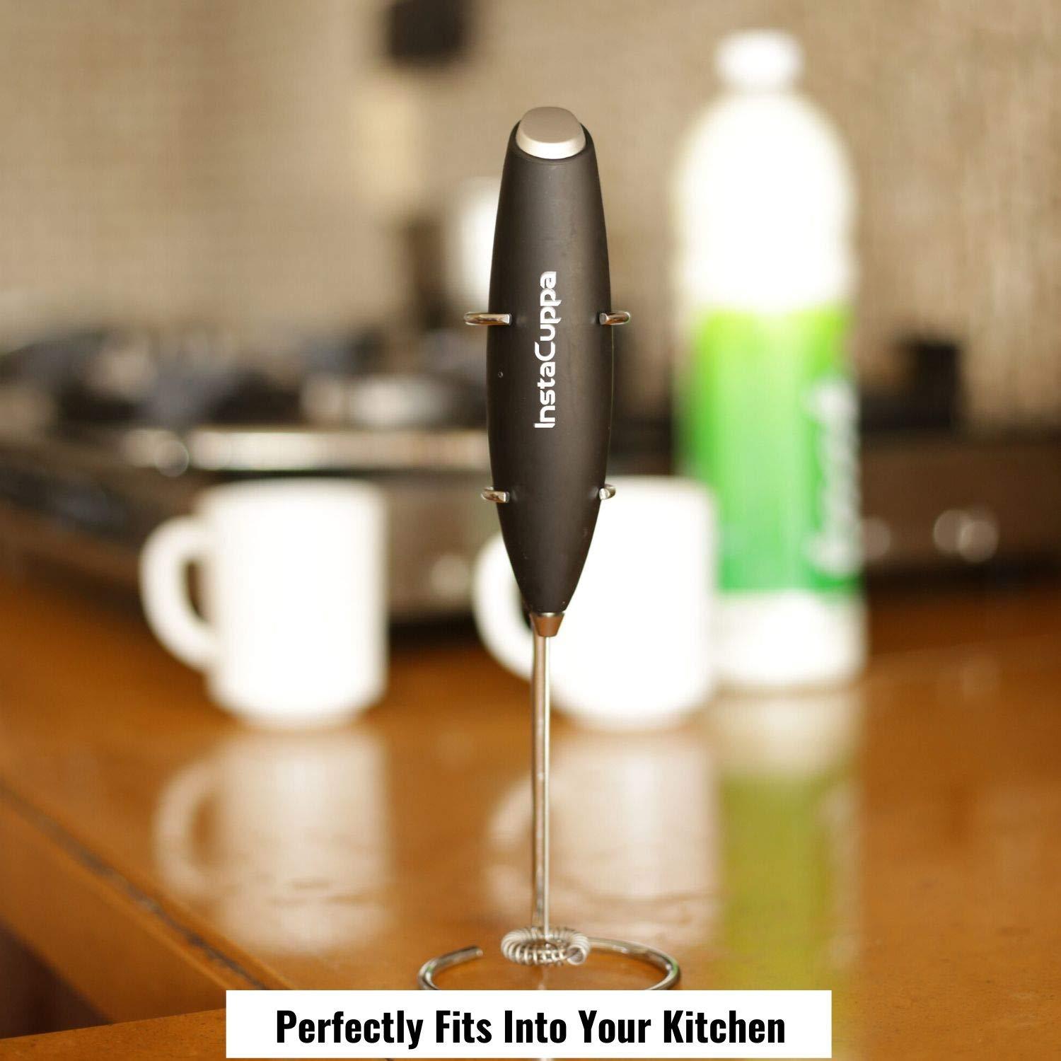 InstaCuppa Milk Frother for Coffee - Handheld Battery Operated Electric Milk and Coffee Frother, Portable Foam Maker with Stainless Steel Stand