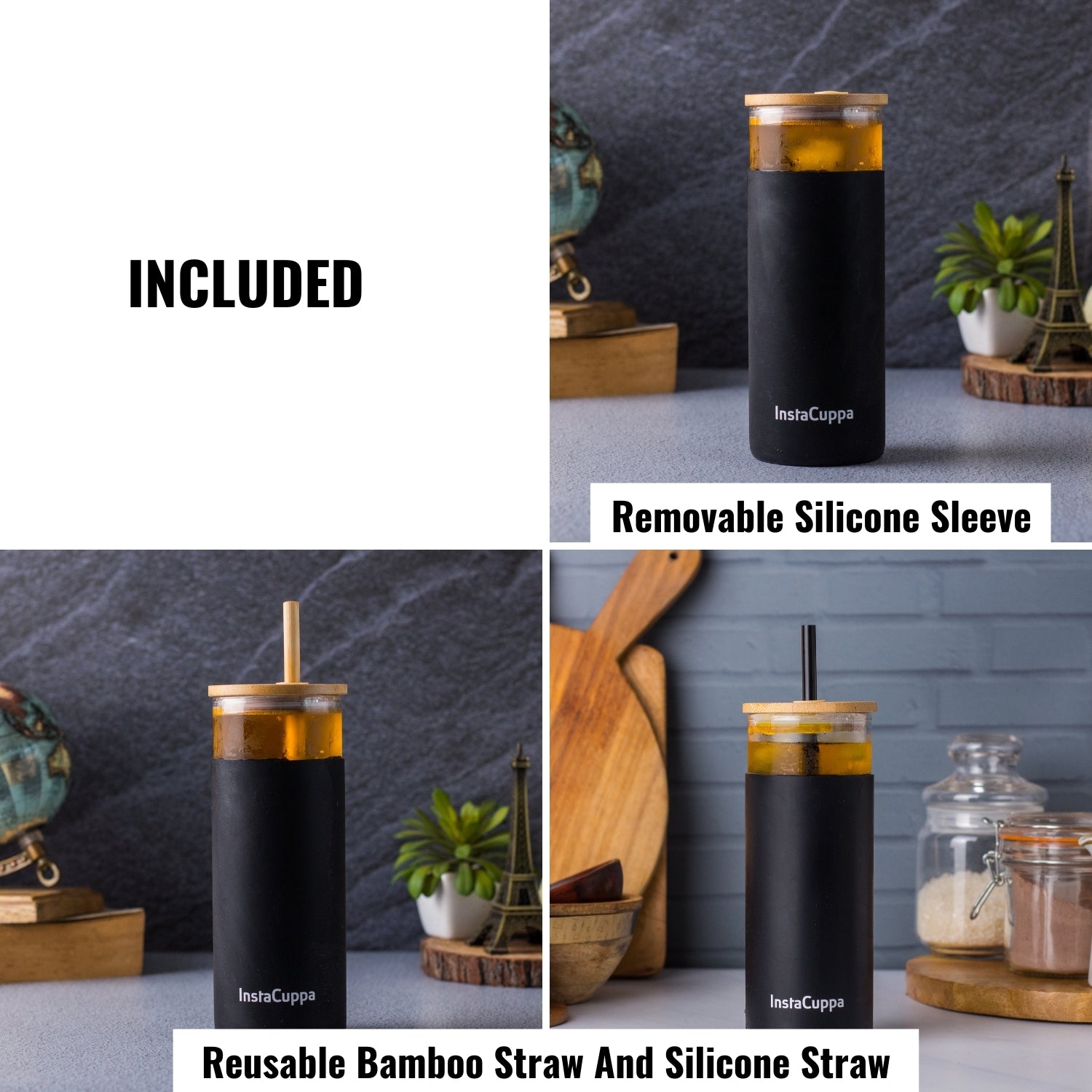 InstaCuppa Borosilicate Glass Tumbler with 2 Unique Straws and Bamboo Lid, Removable Silicone Protective Sleeve